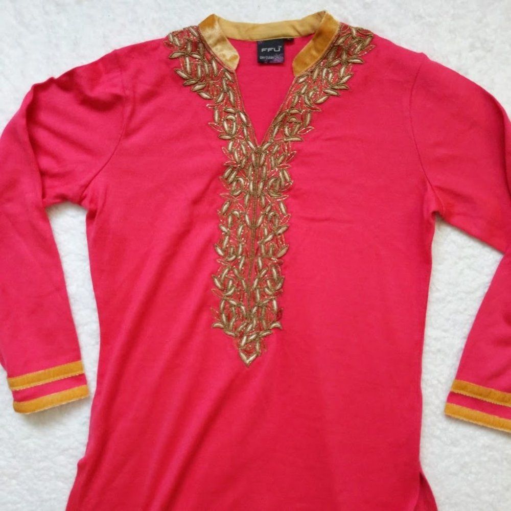 FFU Tunic Knit Dress Velvet Beading Kurta Formal South Asian India Embroidered - Picture 3 of 10